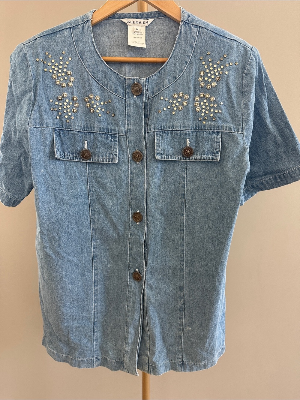 Vintage 80s 90s Western Embellished Denim Shirt Studded Short Sleeve M